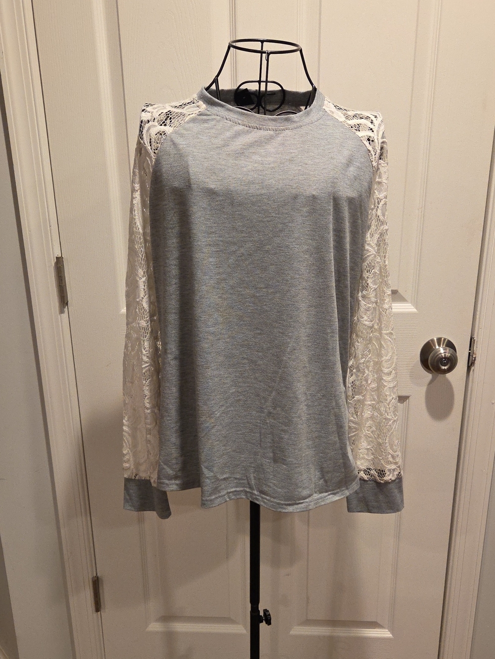 SHEIN Gray Raglan Top with White Lace Sleeves